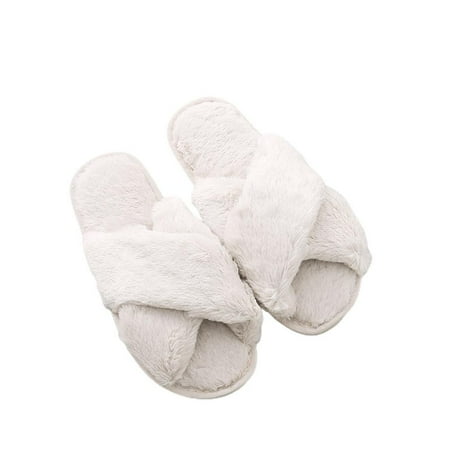 

Autumn and Winter Women Solid Color Open Toe Flat Artificial Wool Slippers Non-slip and Wear-resistant Cross Plush Slippers