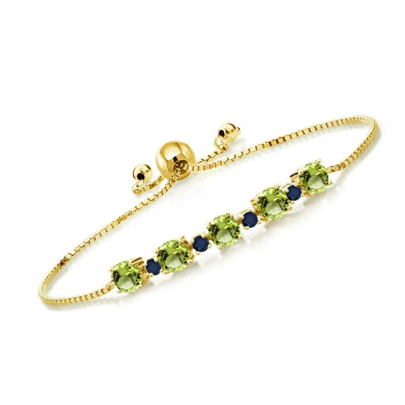 Gem Stone King 2.99 Ct Round Green Peridot Blue Sapphire 18K Yellow Gold Plated Silver Tennis Bracelet for Women