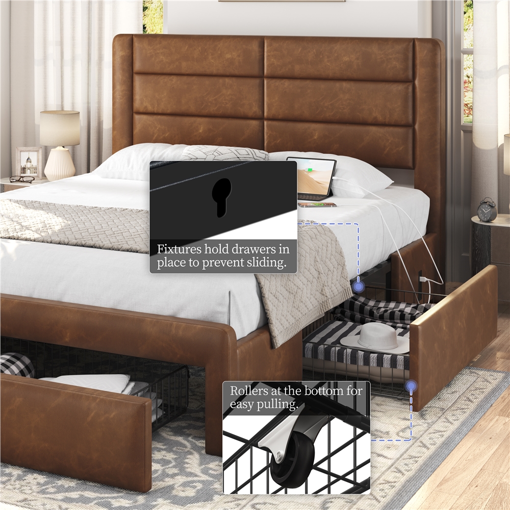 Yaheetech Upholstered Platform Bed Frame with Three Storage Drawers, Queen, Amber Brown