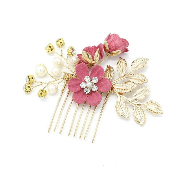 Nvzi Horquillas para el pelo de boda con flores para novias, peinetas con perlas de cristal, pinzas para el pelo, accesorios para el pelo de boda dorados, joyas, rosa oscuro