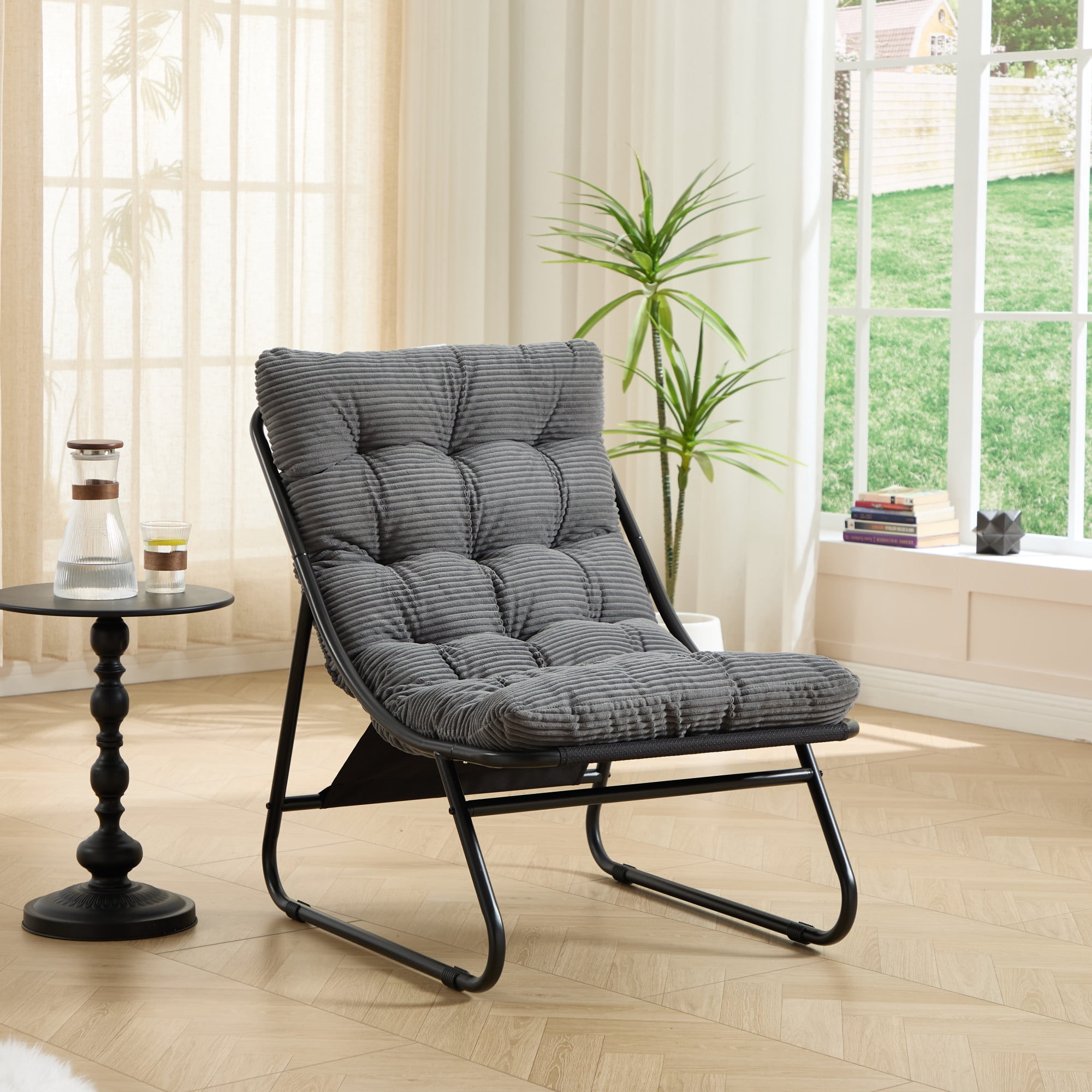 Leumius Patio Outdoor Lounge Chair with Ottoman, Comfy Sling Recliner Chair with Puffy Cushion and Foot Stool for Living Room Bedroom Reading Room Grey