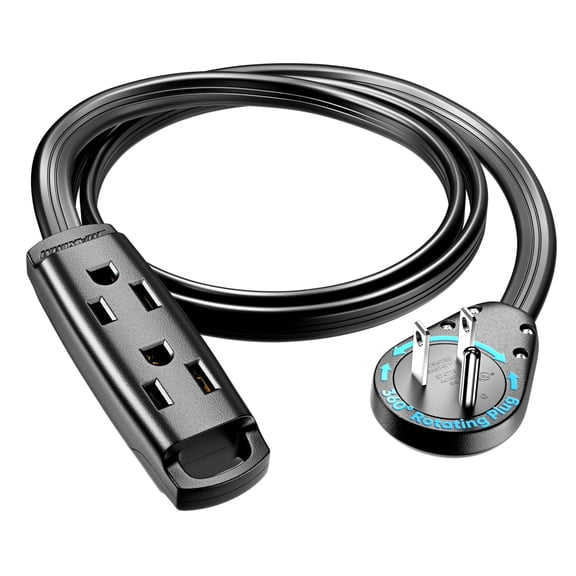 Maximm 3-Outlet 360° Rotating Flat Plug Extension Cord, 3ft, Black, 14AWG Heavy Duty Flat Wire with Hanging Loop, 2-Sided Multi-Outlet Power Strip, UL Certified