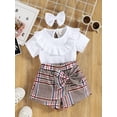 thumbnail image 2 of Seyurigaoka 3Pcs Newborn Girl Summer Outfits, Short Sleeve Solid Color Ruffles Tops + Bowknot Plaid Short Pants + Decorative Hairband, 2 of 9