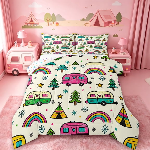 Catabedysis Colorful Cartoon Camping Full Size Comforter Sets For Girls,Camper Rainbow Print Bedding Comforter Set,Multicolor,Colorful Stars Reversible,3 Pieces,1 Comforter and 2 Pillowcases