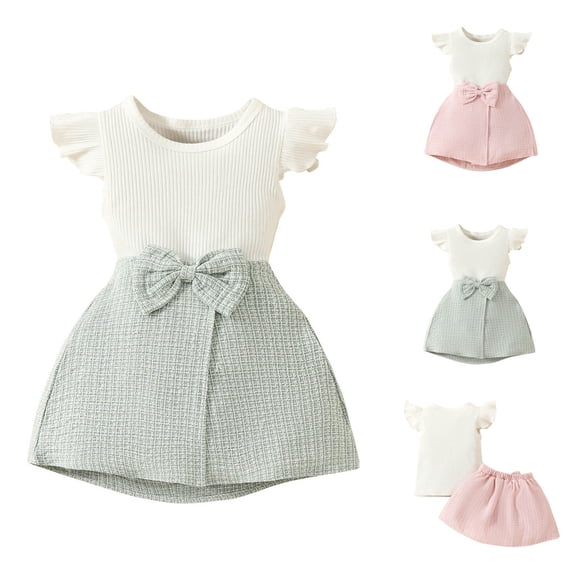 Swuxness Toddler Girls 2-Piece Outfits Suits Short Sleeve Solid Tops with Skirt Summer Casual Wear