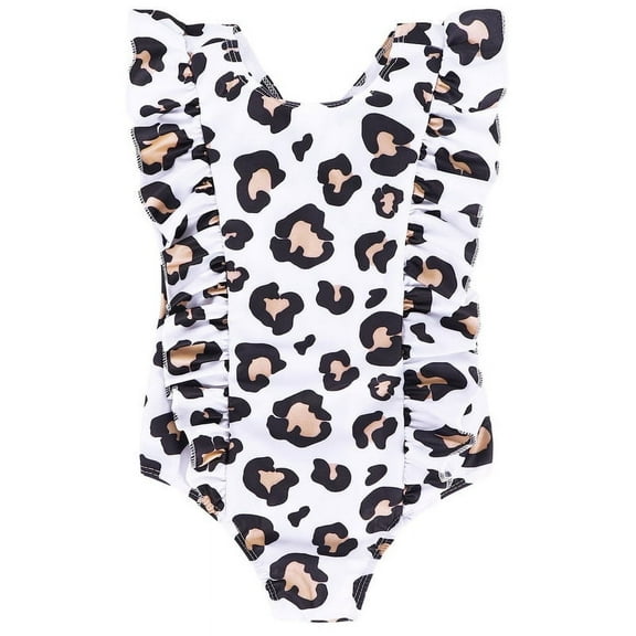 Jurebecia Girls Swimming Costume Leopard Printed Bikini One Piece Swimwear Cute Elegant Swimsuit Ruffled Sleeveless Toddler Baby Summer Pool Beach Holiday Water Sports Surfing 3-4 Years 110 CM