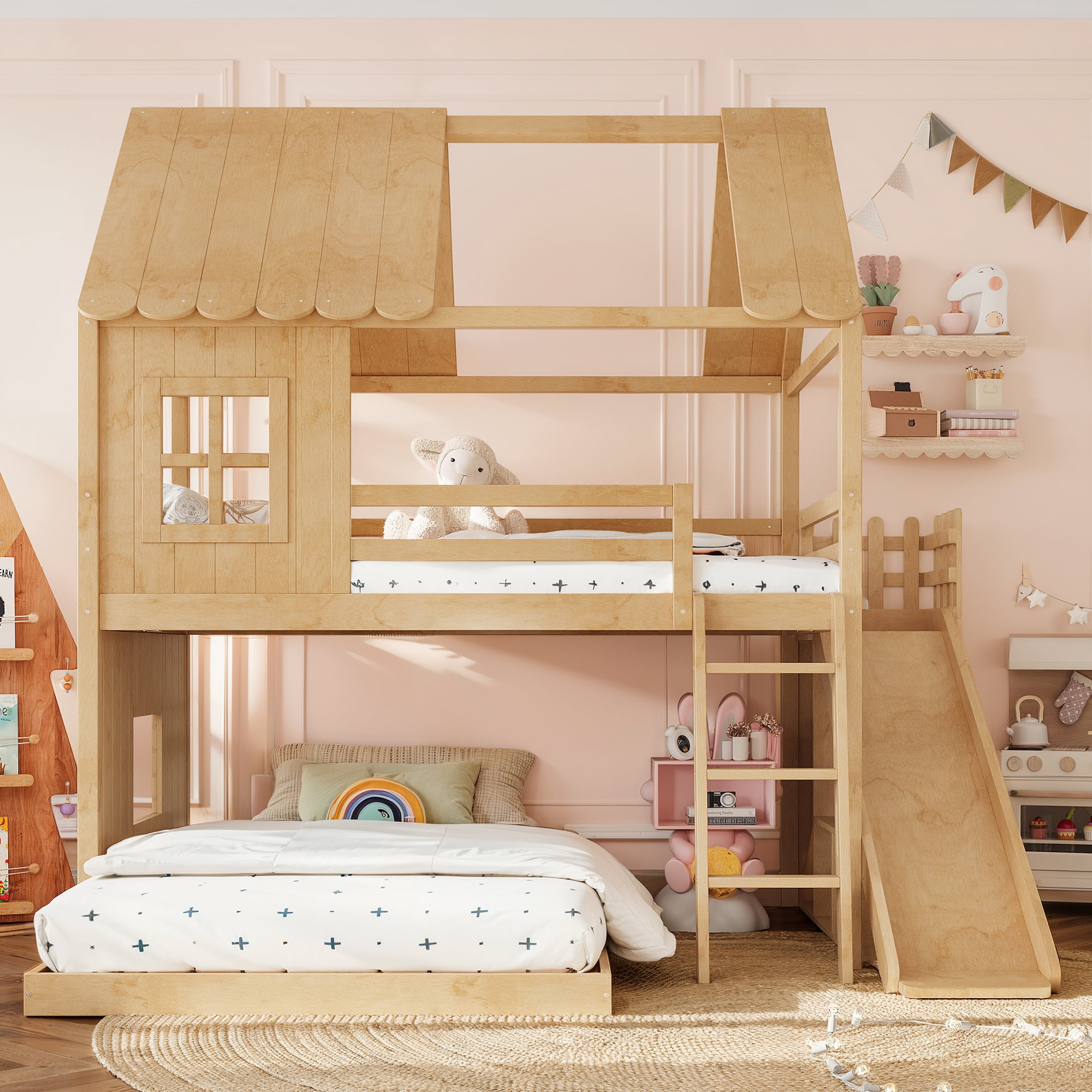 Leumius Full over Full House Bunk Bed with Ladders and Slides, House Floor Bunk Bed Frame with Storage Shelves and Wardrobe, Playhouse Design for Boys Girls Natural