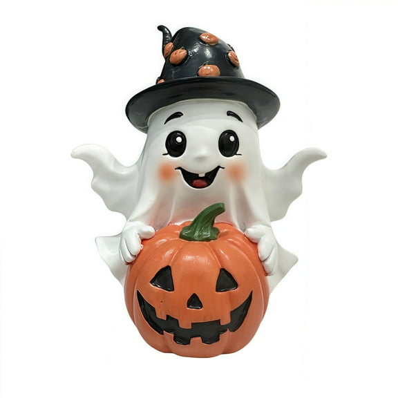 HAITIANS Halloween Cute Ghost Statue Decorations, Ghost Girl Figurine With Pink Bow & Hot Drink, Halloween Resin Tabletop Decoration,Home,Living Room,Bedroom Size:5.9in Color:White