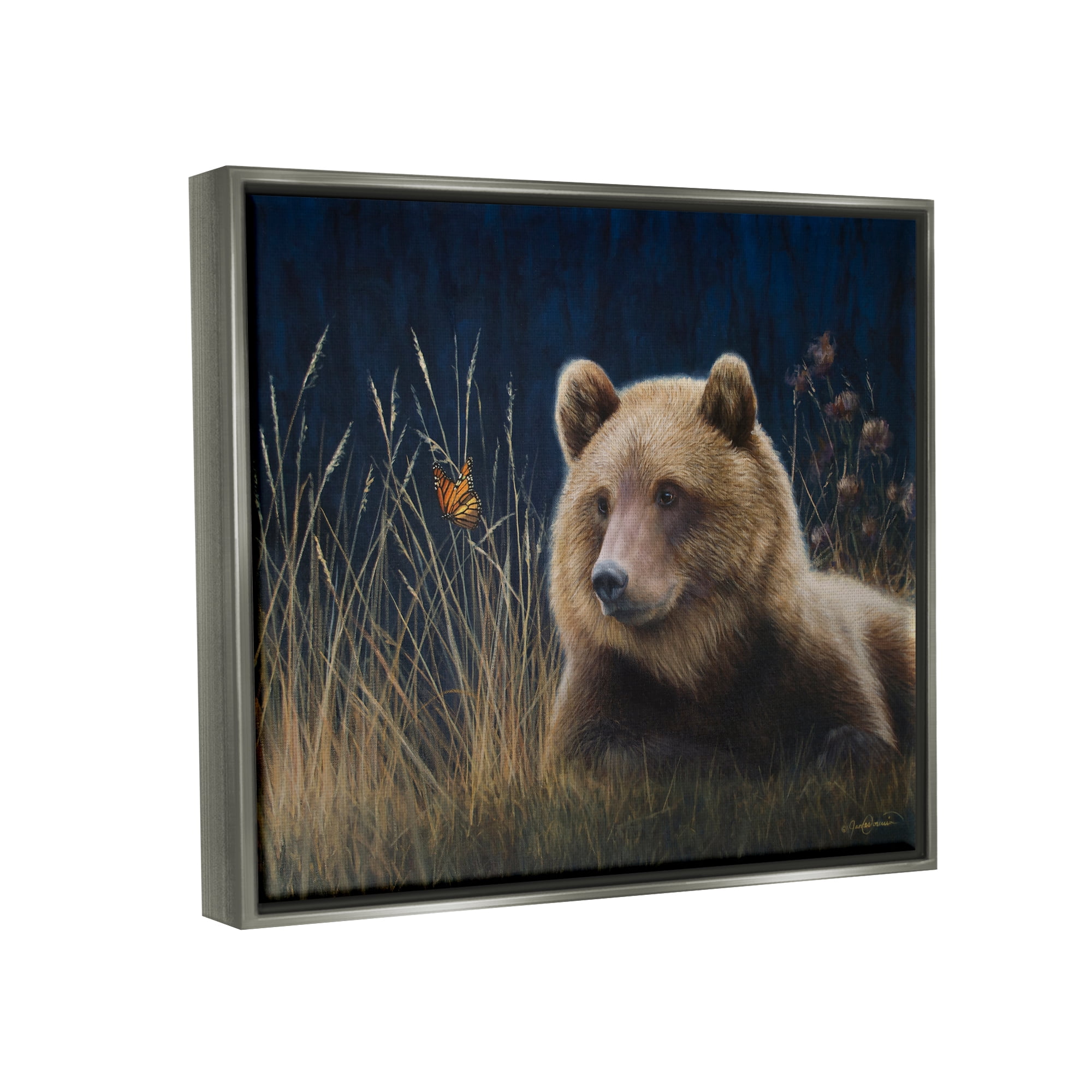 Stupell Industries Bear & Butterfly Scene Animals & Insects Painting Gray Floater Framed Canvas Art Print Wall Art, 21 x 17