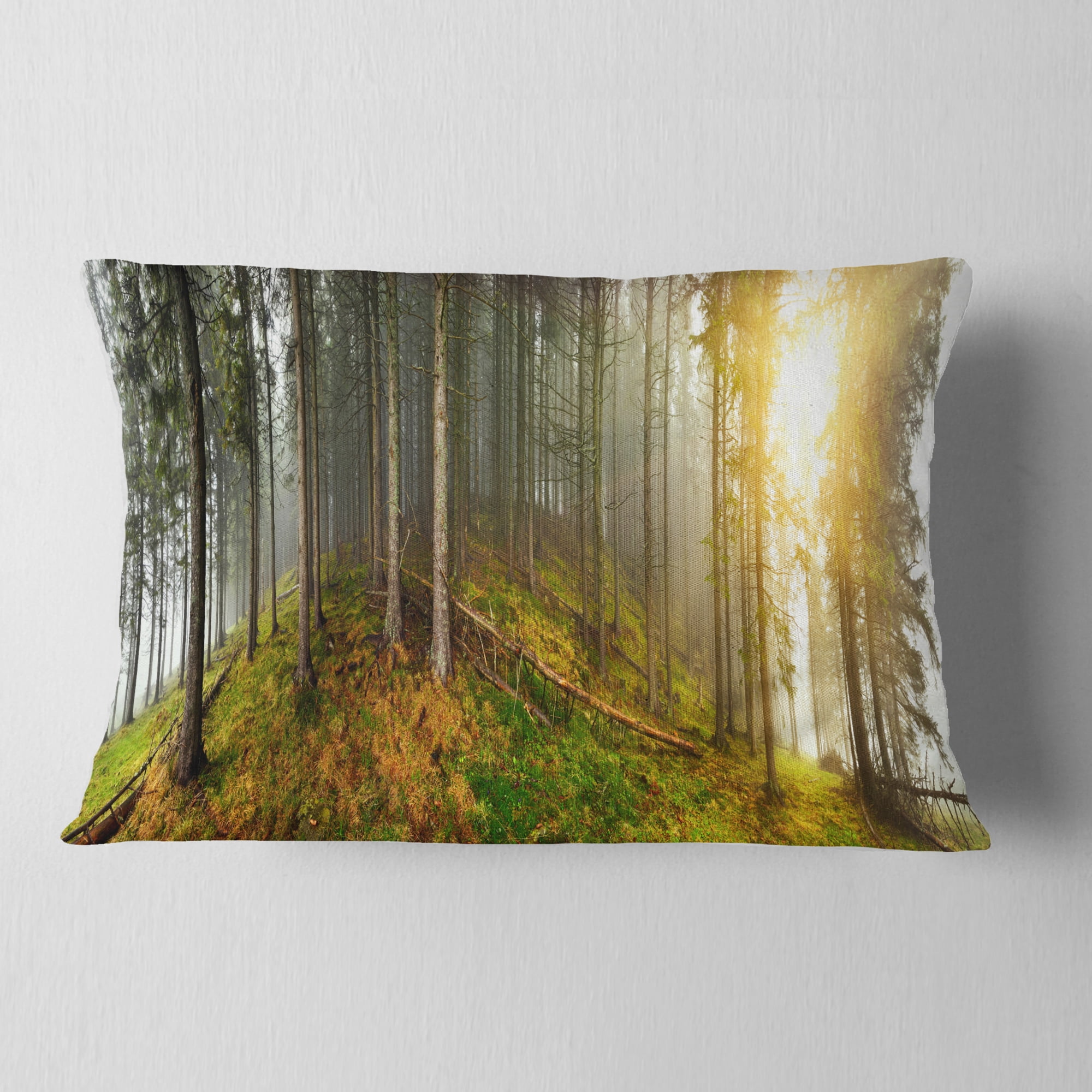 Designart Early Morning Sun in Forest - Landscape Photography Throw Pillow - 12x20