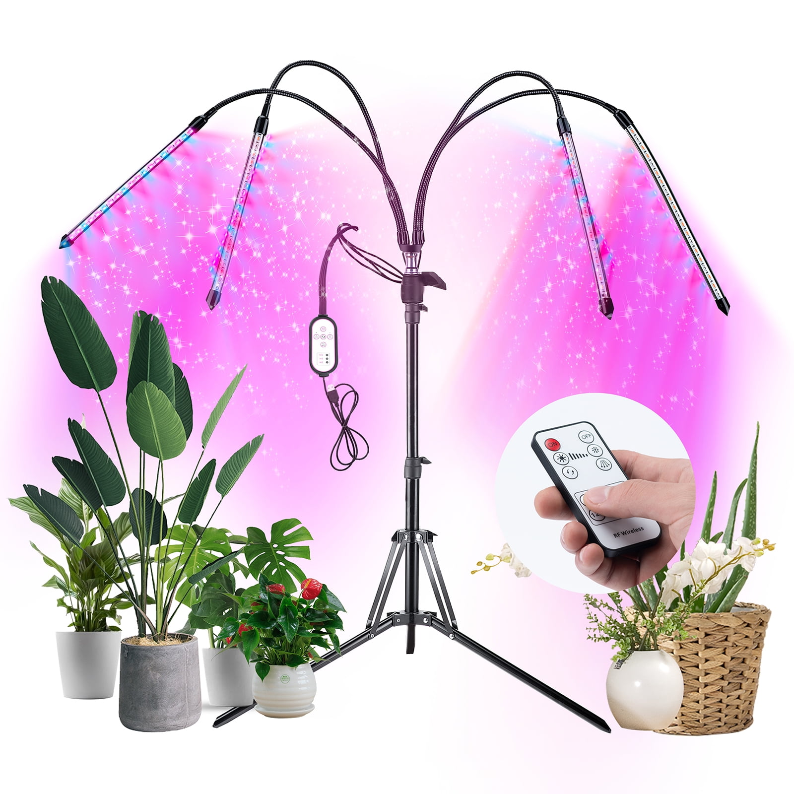 for Indoor Plants CXhome T5 LED Plant Lamp Full Spectrum with 2/4/8H Timer Red/Blue/Yellow 3 Light Effect Switches Pack of 2 4 Dimmable Levels