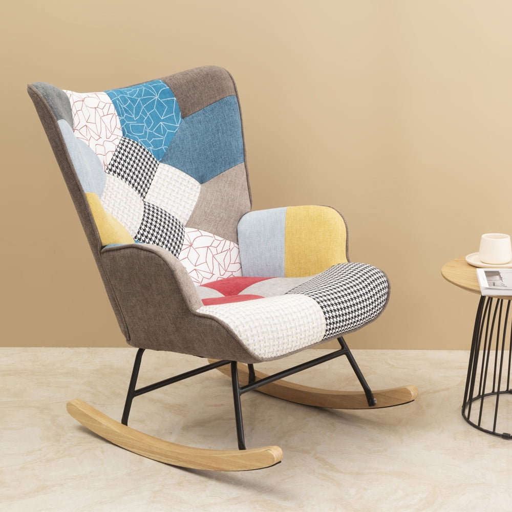 Resenkos Comfortable Relax Rocking Chair with Wood Legs and Patchwork Linen for Livingroom Bedroom,Colorful