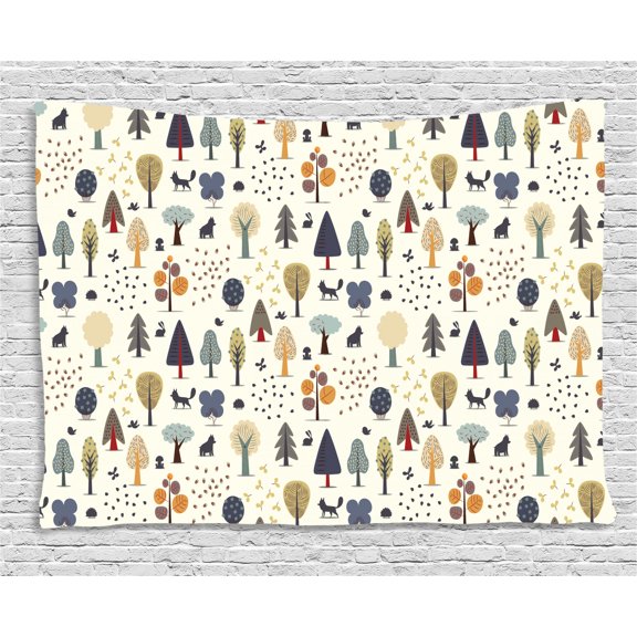 Forest Tapestry, Forest Trees Woodland Pine Oak Bush Chestnut Acorn Mother Nature Doodle Illustration, Wall Hanging for Bedroom Living Room Dorm Decor, 60W X 40L Inches, Multicolor, by Ambesonne