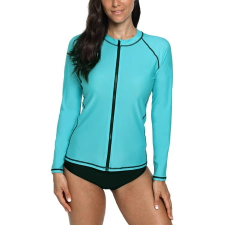 Women's Zip Front Long Sleeve Rash Guard Top Sun Protection Swim (Best Rash Guard Shirts)