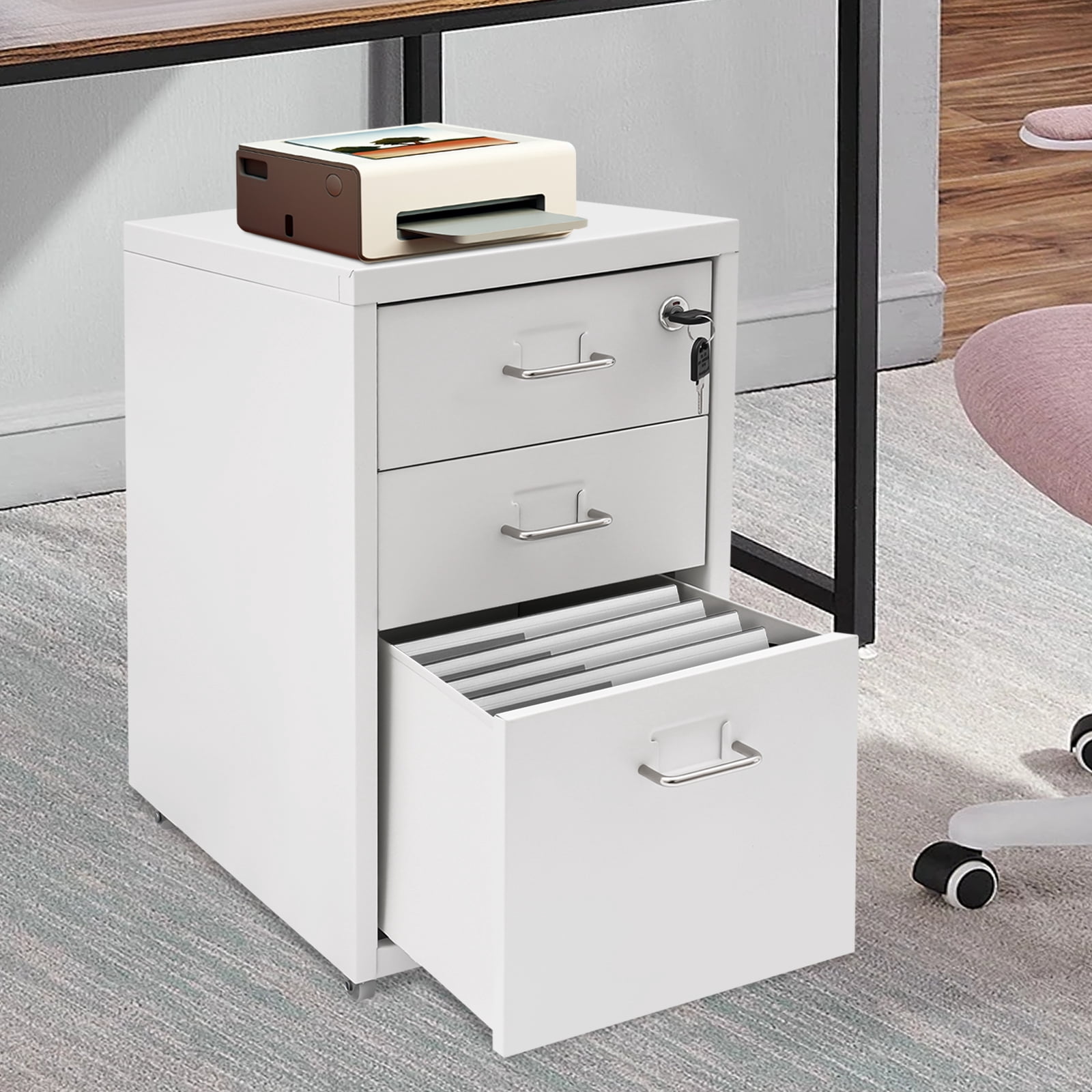3 Drawer Vertical File Cabinet Lockable Metal Mobile File Cabinet White office