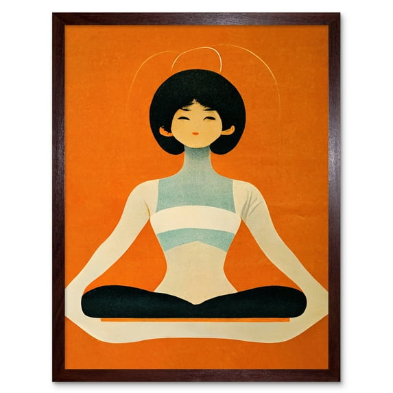 Peaceful Japanese Woman In Yoga Pose Orange Black Quirky Art Print Framed Poster Wall Decor 12x16 inch