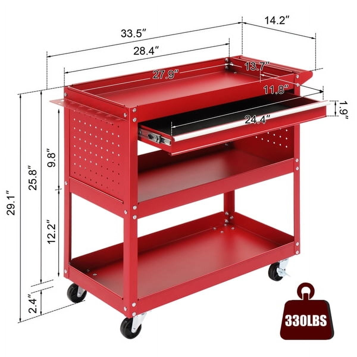 Red 3-Tier Rolling Tool Cart w/ Pegboard & Drawer - 330lb Capacity Heavy-Duty Steel Utility Cart for Garage, Workshop, Warehouse