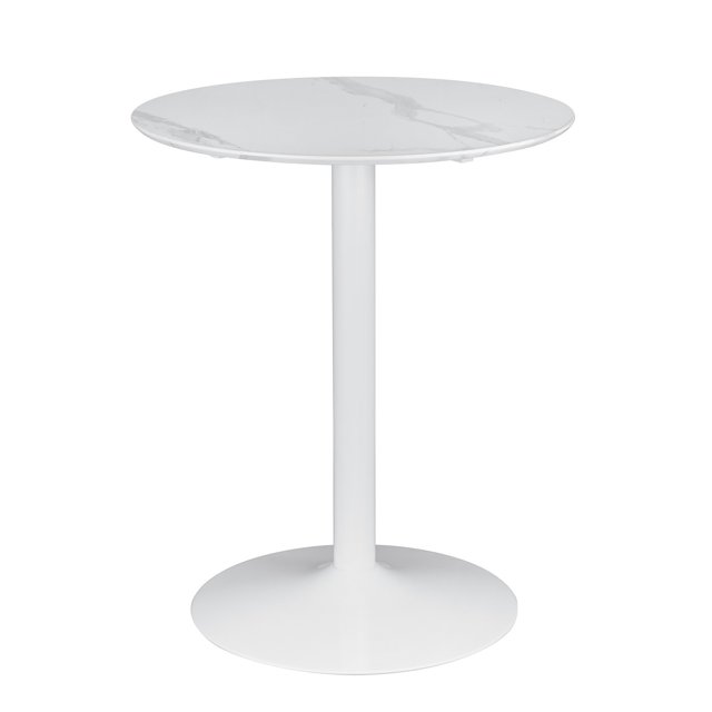 Benjara Counter Height Table with Marble Top and Metal Flared Base, White