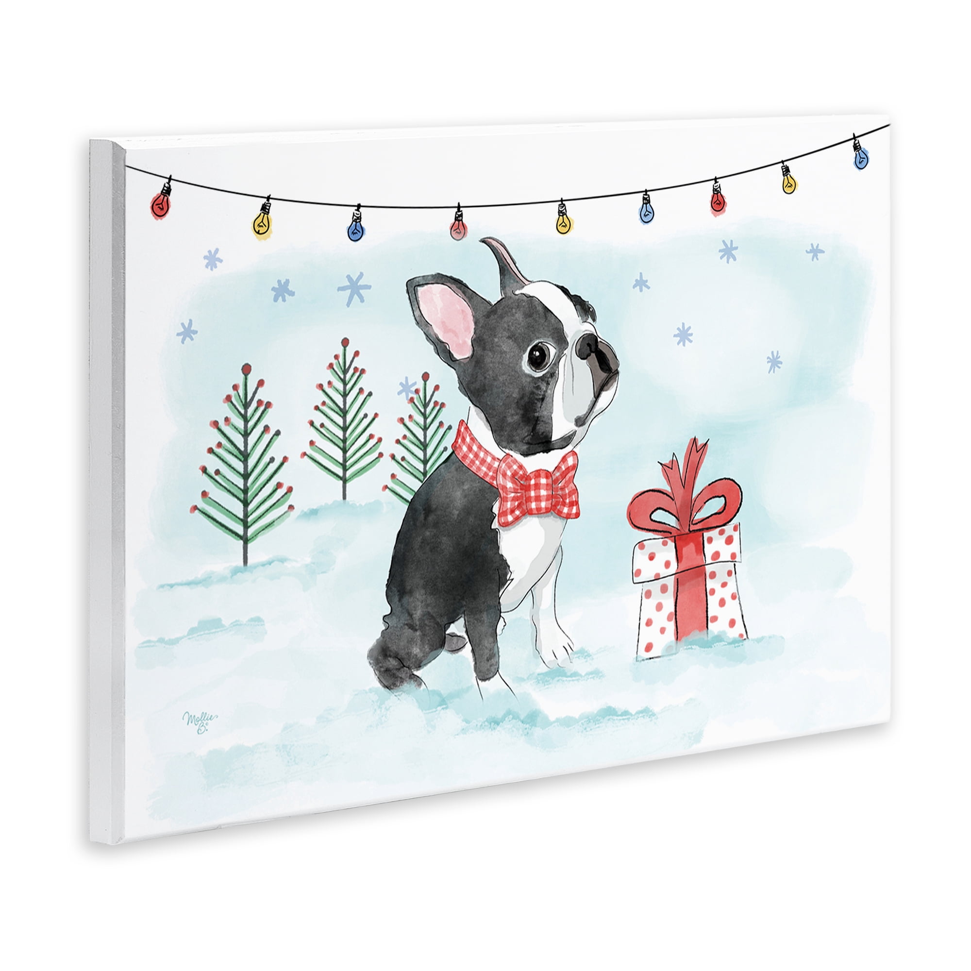 Stupell Industries Snowy Boston Terrier Holiday Painting Unframed Art Prints Wall Art, 19 x 13