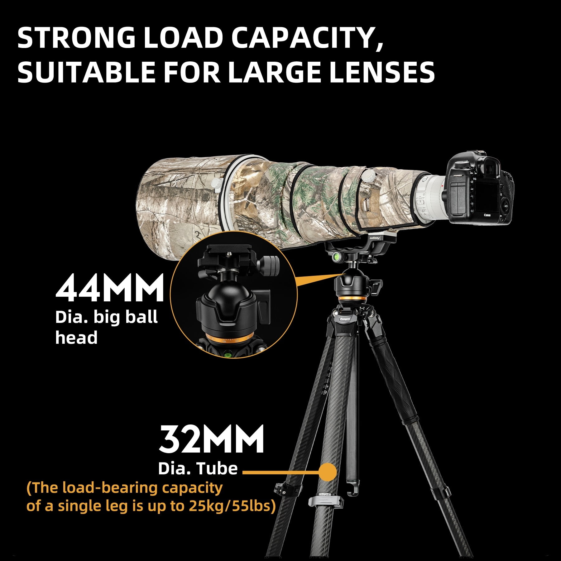 Fotopro Origin Plus Tripod, 60" Carbon Fiber Travel Tripod for Camera, Ball Head, Flip Lock, Carrying Bag, Max Load 20kg/44 lbs, Silver