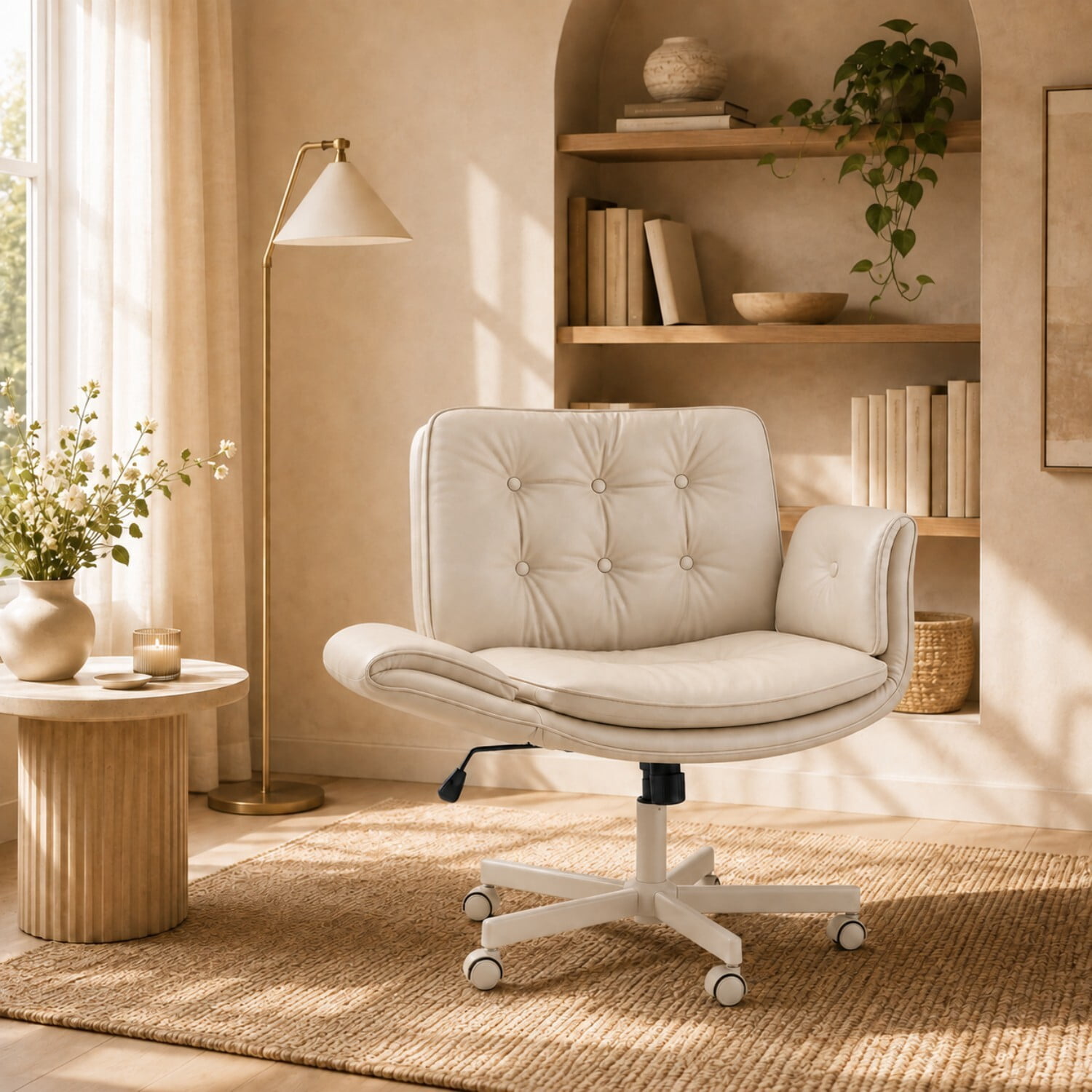 Easy4Home Criss Cross Office Chair with Wheels and Adjustable Armrests, Wide Seat PU Leather Swivel Computer Desk Chair, Beige