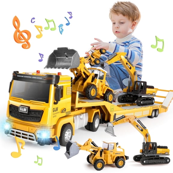 UQN Construction Vehicles Boys Toy Playsets, Construction Truck with Excavator Toy & Bulldozer Toy, Sounds and Lights, Kids Christmas&Birthday Gifts for 3 4 5 6 Years Old Boys