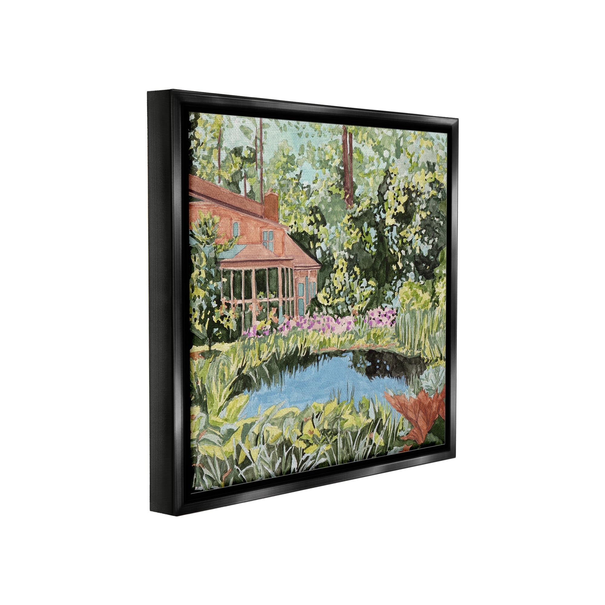 Stupell Industries Cottage with Backyard Pond Landscape Painting Black Floater Framed Canvas Art Print Wall Art, 18 x 18