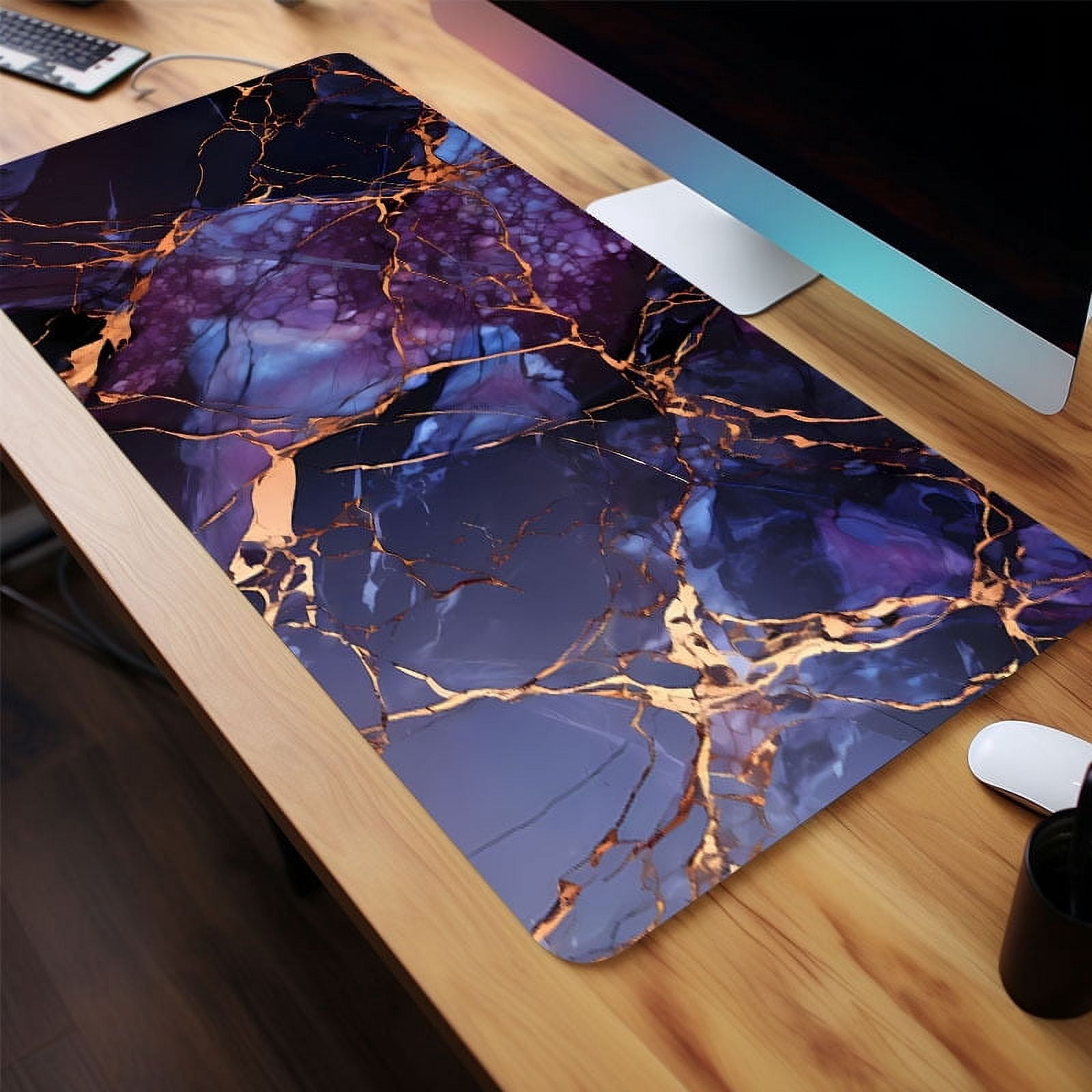 1pc Purple Golden Dark Marble Large Gaming Mouse Pad For Desk, Cool Desk Mat With Non-Slip Rubber Base Stitched Edge, Mouse Pad 31.5*15.7in For Work, Game, Office, Home, Gifts