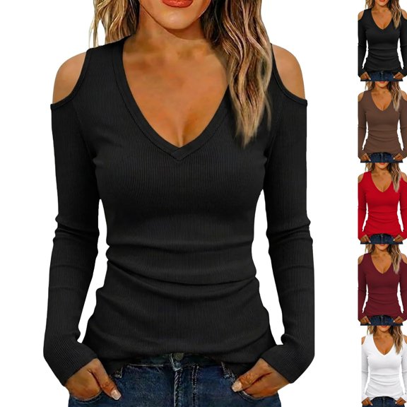 Cold Shoulder Ribbed Top for Women Long Sleeve Slim Fit Deep V Neck Fitted Knit Shirt Fall Versatile Comfy Casual Basic Blouse Black L