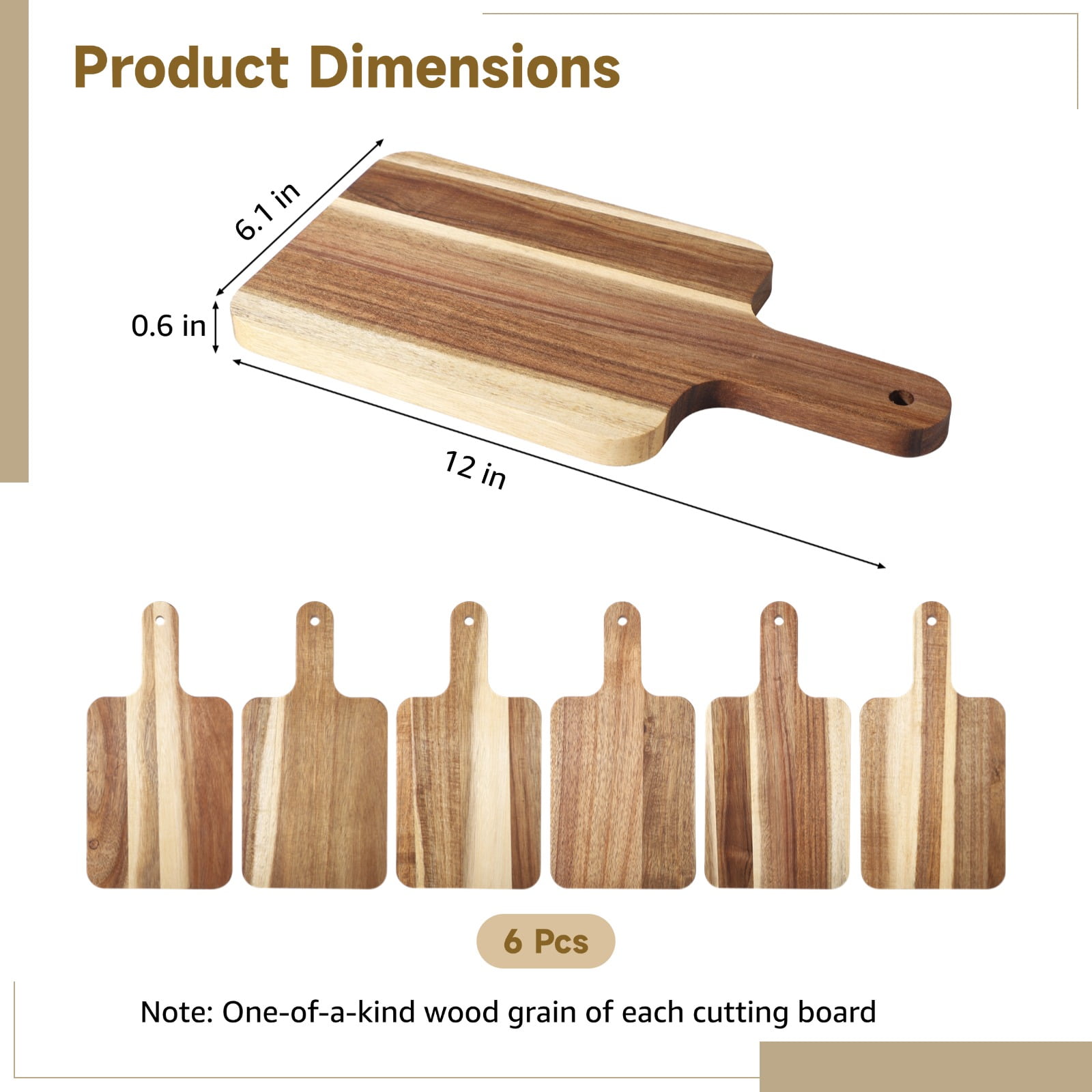 6-Piece Acacia Wood Cutting Board Set, Natural Wood Charcuterie Boards with Handles, for Kitchen, Serving, Party, Picnic, Home & Restaurant Use