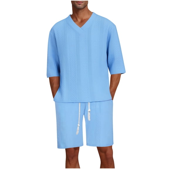 Ohufall Plus Size Outfits for Men 2 Pieces Set Fashion Solid Casual V-Neck Tee Shirts and Drawstring Elastic Waist Shorts Summer Beach T-shirt Short Sets
