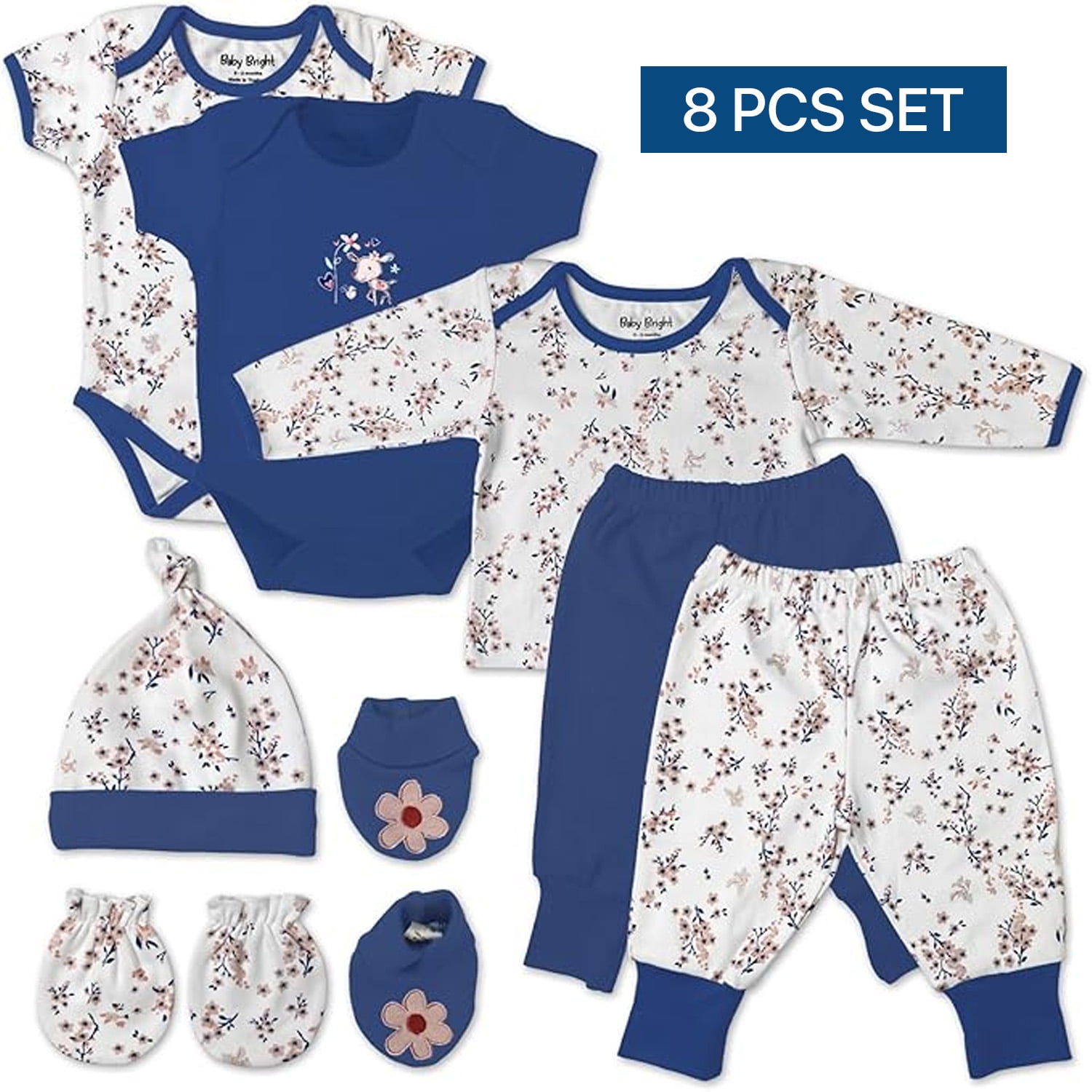 Baby Bright Newborn Essentials Must Have Clothes for Baby Girl, Outfit Gifts for Infant, Baby Shower Gift, 8-Pieces, Size 0-3 Months
