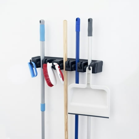

Superio Mop and Broom Holder Wall Mount (Black) Cleaning Tools Wall Organizer 5 Rack Slots and 6 Hooks for Kitchen Closet Garage Garden and Office