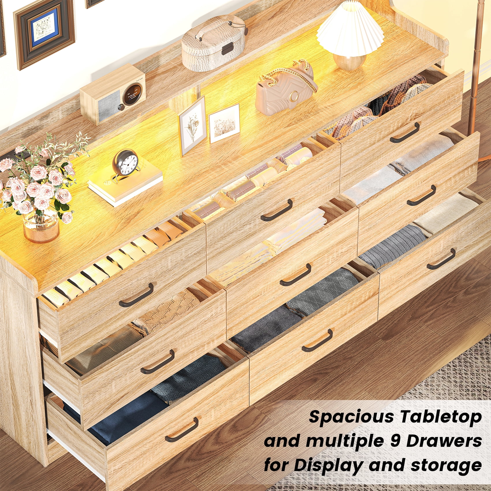 Winkalon 9 Drawer Dresser with LED Light & Charging Station, 63" Long Modern Dresser with 9 Drawers for Bedroom, Wooden Dresser Large Closet of Drawers
