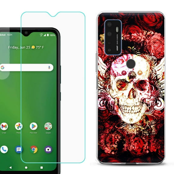Slim-Fit Gel TPU Phone Case for Cricket Dream 5G, with Tempered Glass Screen Protector, by OneToughShield ® - Rose Skull