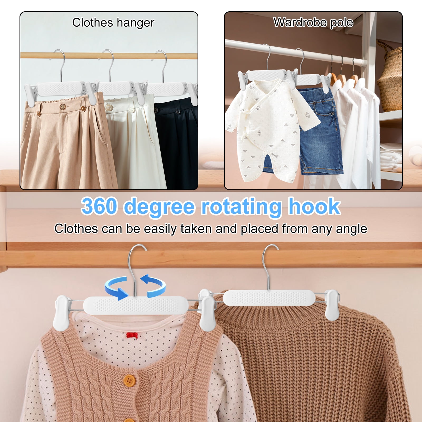 20Pcs Plastic Skirt Pant Hangers with Adjustable Clips Frosted Embossing Clothes Shorts Hanger with 360° Swivel Hook for Women Men Kids
