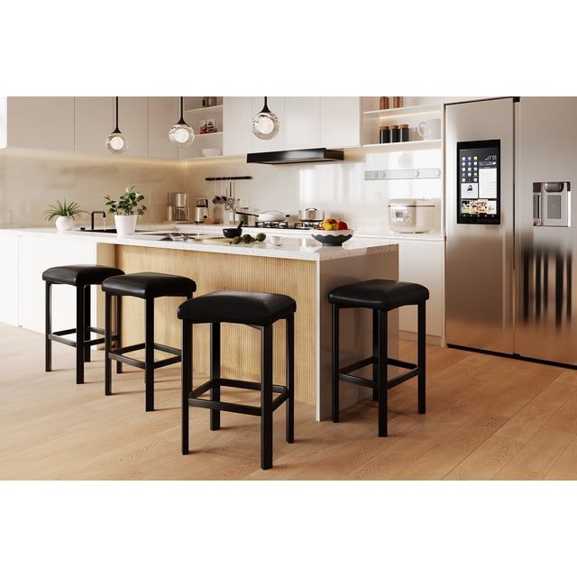 Modern PU Leather Counter Height Bar Stools Set of 4 – 24" Dining Chairs – 2" Thick Upholstery – Sturdy Metal Frame – Easy Assembly – For Kitchen Island, Bar Counter, Dining Room – Black, 4PC Set