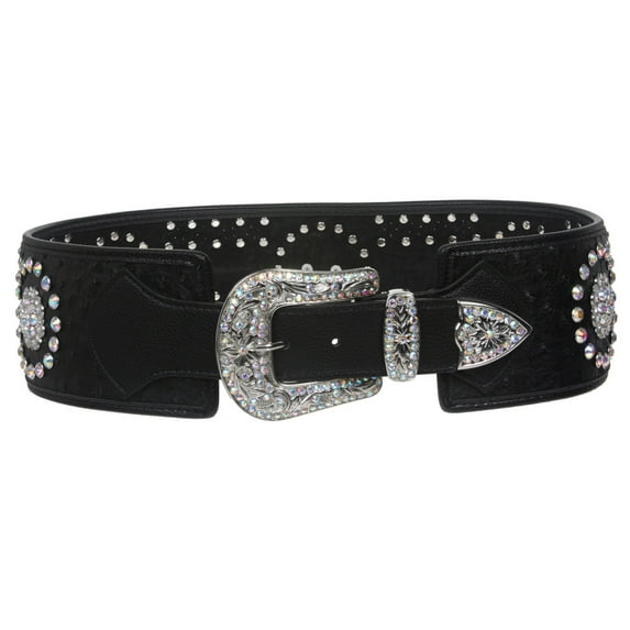 Women's Wide Contour High Waist Faux Ostrich Print Western Rhinestone Belt