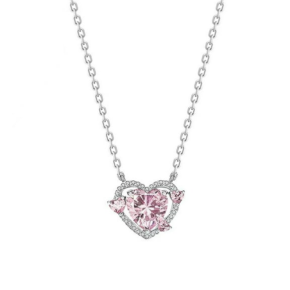 HUANLEDASH Women Heart Pendant Necklace Zircon Sweet Pink Heart Female Jewelry for Her Wife Daughter Girlfriend Gifts
