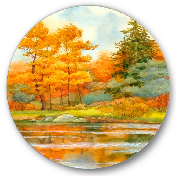 Designart 'Autumn Forest By The Lake Side IV' Lake House Circle Metal Wall Art 36x36 - Disc of 36