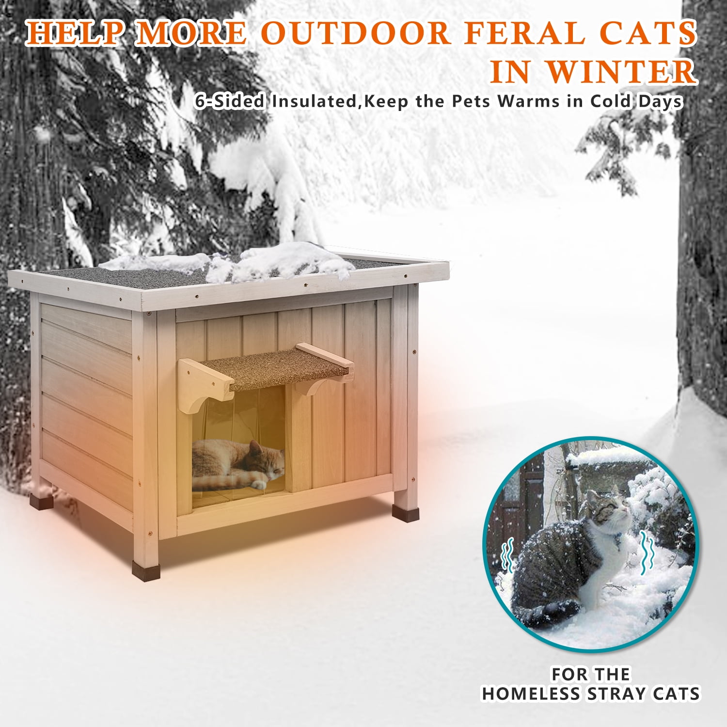 PETSCOSSET Insulated Cat House, Outdoor Small Feral Cat Shelter for Winter with Escape Door