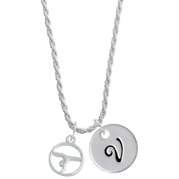 Delight Jewelry Gymnast Silhouette in 1/2'' Disc Silvertone Script Initial Disc - V - Charm Necklace, 20"+3"