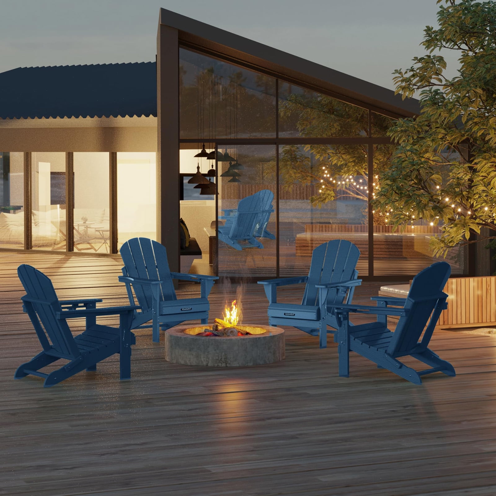 Tappio Foldable HDPE Adirondack Chair, Patio Seat All Weather Outdoor Patio Chair with Cup Holder for Lawn Yard Fire Pit, Wooden Textured, Blue