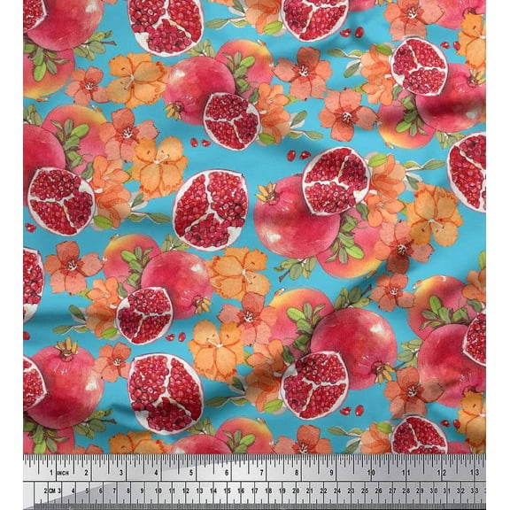 Soimoi Cotton Duck Fabric Leaves,Floral & Pomegranate Fruits Print Fabric by the Yard 42 Inch Wide
