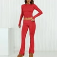 thumbnail image 2 of Women's 2 Piece Outfit - Long Sleeve Crop Top & Flare Pants Set, Polyester Yoga Tracksuit, Winter Casual Wear, S-XXL Sizes, 2 of 5