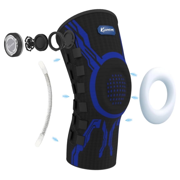 Kuangmi Knob Knee Brace for Pain Relief, Knee Support with Patella Gel Pad & Side Stabilizers, Compression Knee Sleeve for Workout, Arthritis, Joint Pain, Meniscus Tear (Black Blue ,Right,XL,Single）