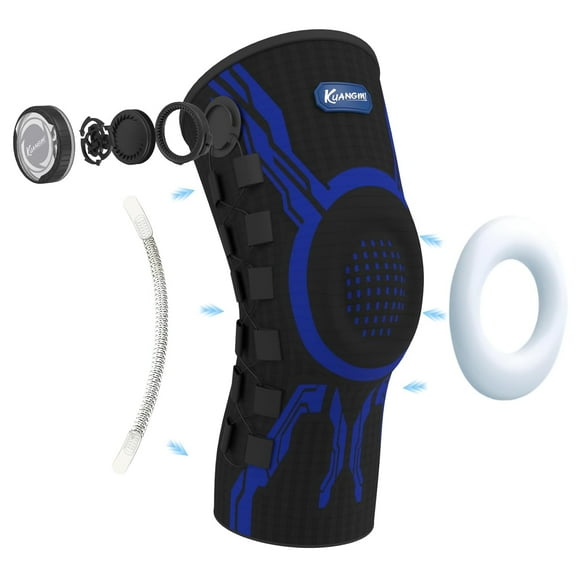 Kuangmi Adjustable Knee Brace with Knob – Breathable Support for Sports, Arthritis & Injury(Single Black Blue Right L )