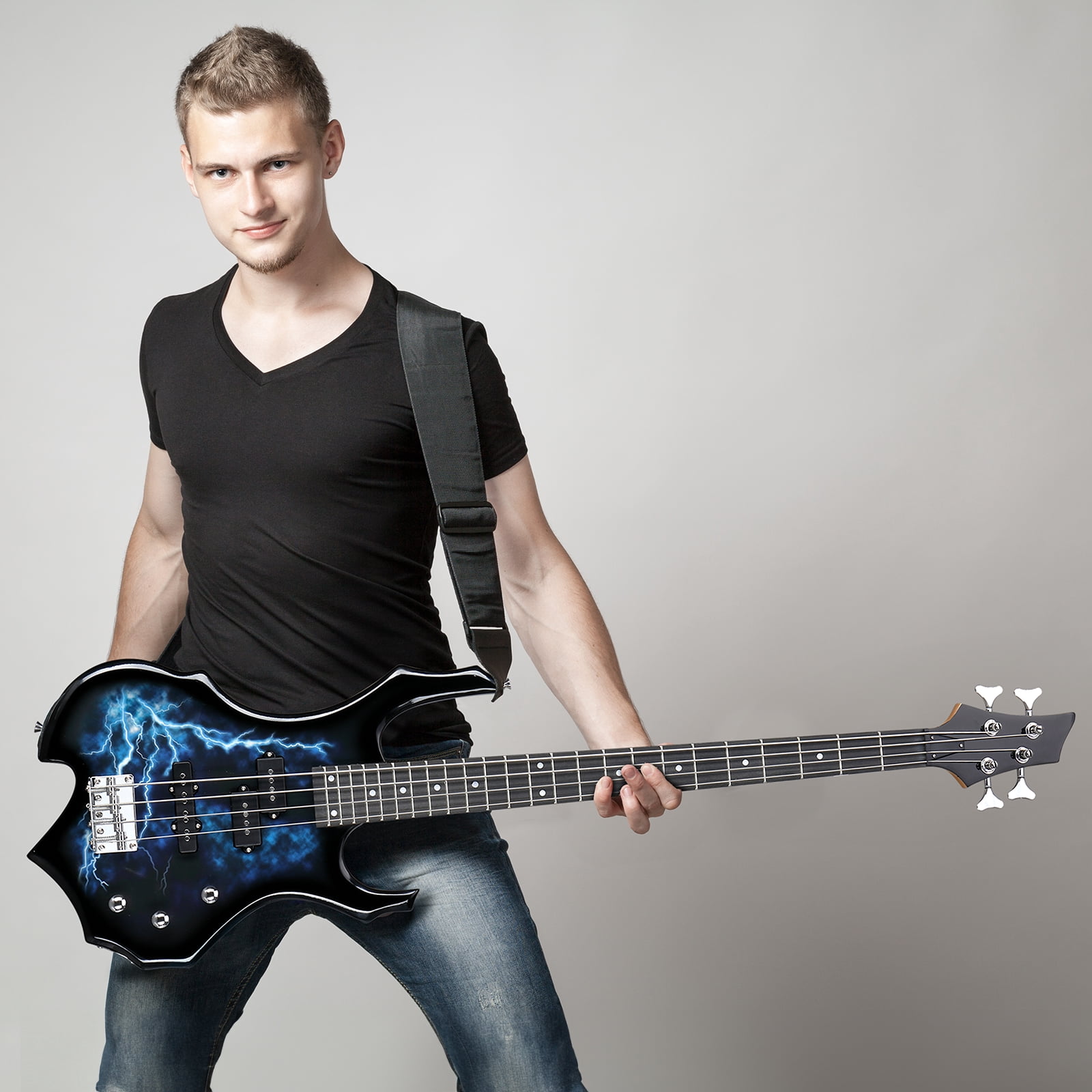 Glarry Full Size 4 String Electric Bass Guitar Burning Fire Tiger Stripe with SS Pickups and Amp, Blue