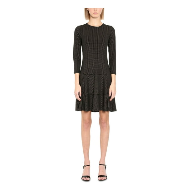 MICHAEL KORS Womens Black Embellished Flounce-hem 3/4 Sleeve Crew Neck  Short Fit + Flare Dress M 
