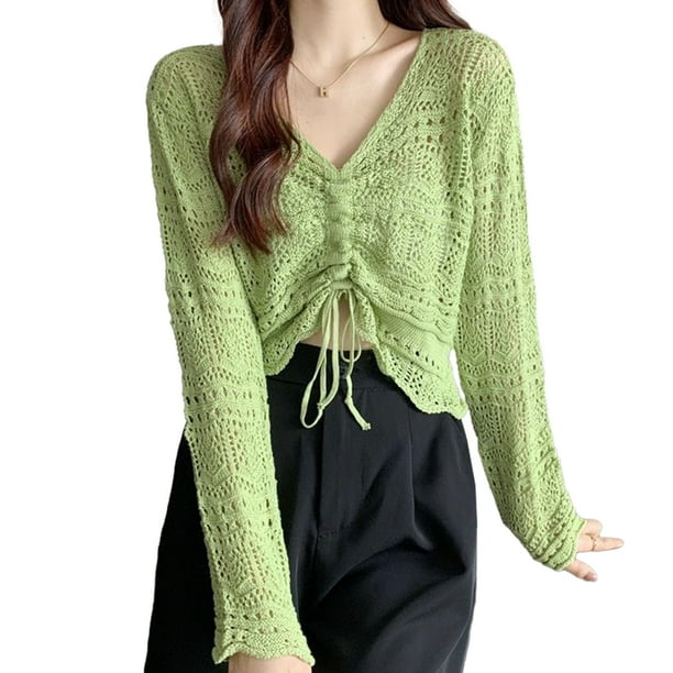 Blusa playera sexy de punto de crochet con mangas largas acampanadas y cordón para mujer